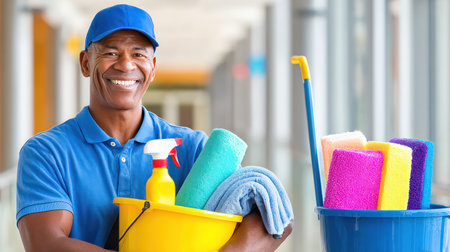 Friendly School Janitor with Cleaning Equipment in Hallway. A.I.の素材