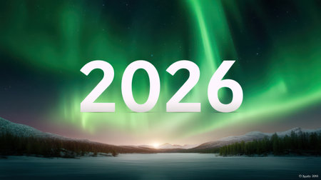 Number 2026 creatively emerging from luminous aurora borealis lights.の素材