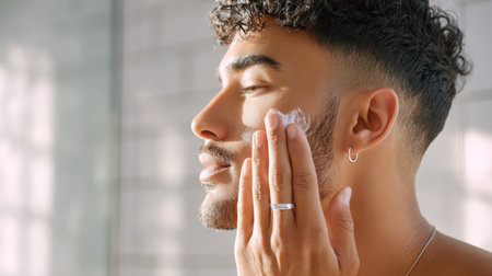 A young man in a white robe applies moisturizer to his face, enjoying a calm skincare moment.の素材
