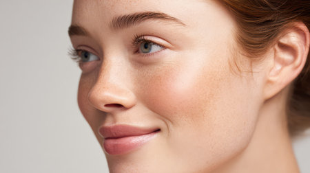 Portrait close-up of a young woman with glowing clear skin, natural freckles, and smooth healthy facial texture.の素材