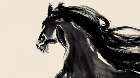 Elegant black brush stroke depiction of a dynamic horse in traditional Chinese ink painting style, symbolizing strength and prosperity for the New Year.の素材