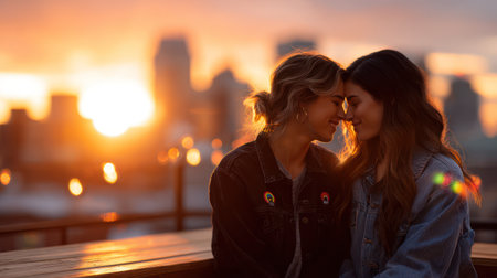 Two diverse young women touch foreheads in an intimate, loving moment against beautiful golden hour city lights and sunset backdrop.の素材