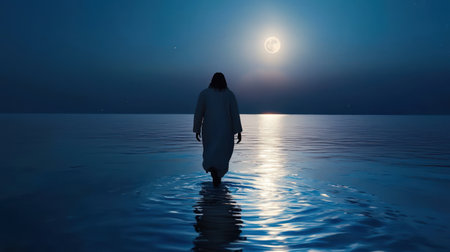 Jesus Christ walks on a moonlit sea in a peaceful biblical night scene.の素材