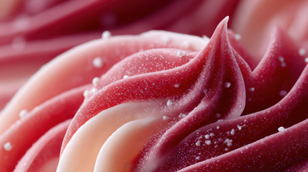 A vibrant pink strawberry cream swirl decorated with white sugar pearls creating an appetizing dessert texture.の素材
