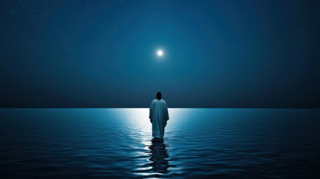 Jesus Christ walks on a moonlit sea in a peaceful biblical night scene.の素材