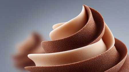 A sophisticated close-up of chocolate and vanilla soft-serve ice cream creating beautiful swirled layers with smooth texture.の素材