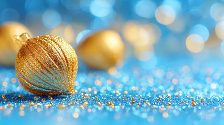 Elegant golden Christmas ball ornaments resting on sparkling blue glitter surface with soft bokeh lighting effects.の素材
