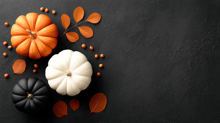 Decorative orange and white pumpkins artfully arranged with colorful autumn leaves on black slate surface.の素材