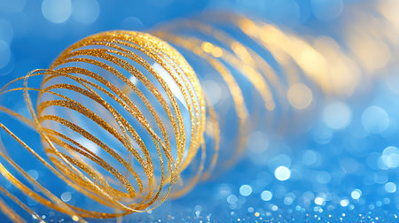 Luxurious golden ribbon with glitter finish creating elegant curls against shimmering blue holiday backdrop.の素材