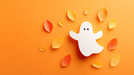 Cute white paper ghost surrounded by colorful autumn leaves on vibrant orange background for Halloween crafting.の素材