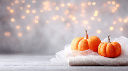 Small decorative orange pumpkins arranged on white linen fabric with warm bokeh lights in background.の素材