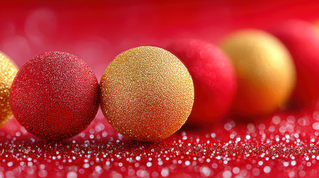 Elegant red and golden Christmas ball ornaments resting on shimmering red glittery surface with beautiful depth of field.の素材