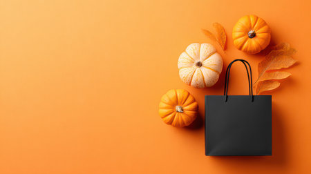 A black shopping bag with decorative pumpkins and autumn leaves arranged on a vibrant orange background.の素材