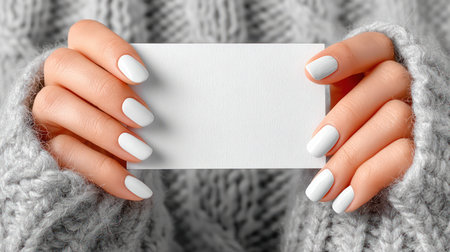 Female hand with white nail polish holding an empty business card while wearing a knitted gray sweater.の素材