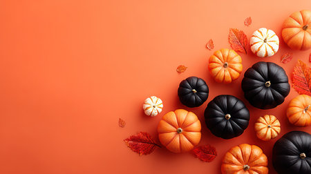 Beautiful arrangement of orange and black decorative pumpkins scattered with autumn leaves on orange background.の素材