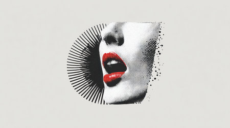 Stylized portrait featuring a woman with bright pink lips in halftone dot art style. A.I.の素材