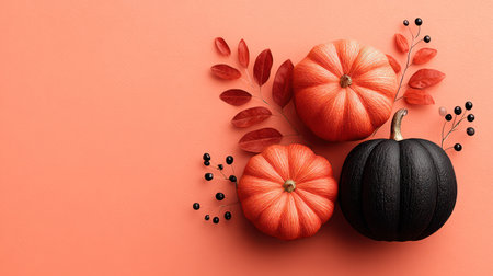 Beautiful arrangement of orange and black decorative pumpkins scattered with autumn leaves on orange background.の素材