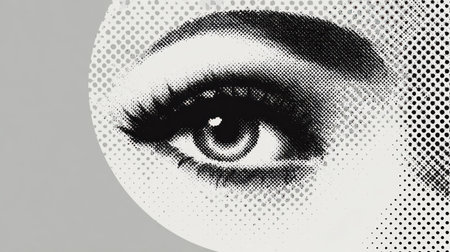 Close-up illustration of an eye rendered in black and white halftone dot technique. A.I.の素材