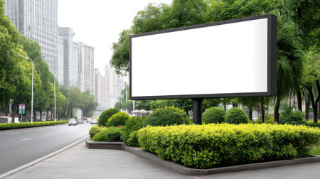 Large horizontal billboard with blank white space on city streetの素材