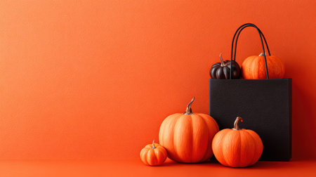 A black shopping bag with decorative pumpkins and autumn leaves arranged on a vibrant orange background.の素材