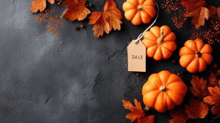 Elegant Halloween sale promotion featuring black sale tag with orange pumpkins and colorful autumn leaves arrangement.の素材