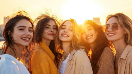 Confident professional women of different backgrounds smiling together in business attire against a modern city backdrop.の素材