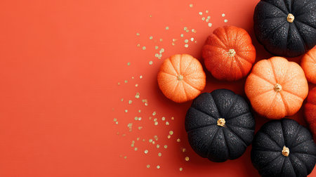 Beautiful arrangement of orange and black decorative pumpkins scattered with autumn leaves on orange background.の素材
