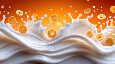 Multiple golden cereal rings suspended in a dramatic white milk splashの素材