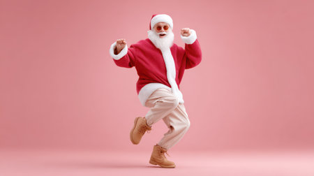 A stylish modern Santa Claus dances with energy on a studio backdrop.の素材