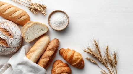 Artisan breads on white background with wheat and flour. A.I.の素材