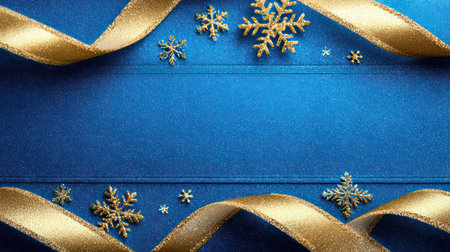 Luxurious deep blue background decorated with glittering gold-trimmed ribbon, sparkling confetti, and delicate golden snowflake ornaments.の素材