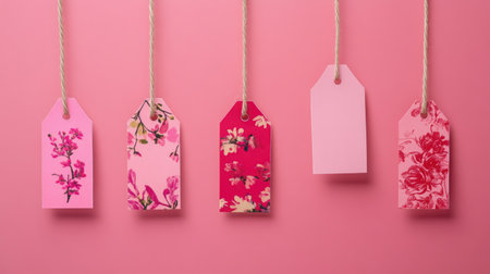 Decorative pink tags adorned with spring blossoms in a photorealistic 3Dの素材