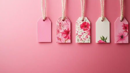 Decorative pink tags adorned with spring blossoms in a photorealistic 3Dの素材