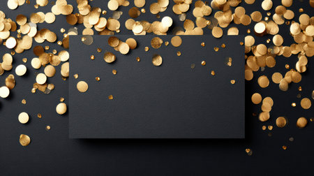 A blank black rectangular card centered on a dark surface, framed by scattered gold confetti pieces creating a festive border.の素材