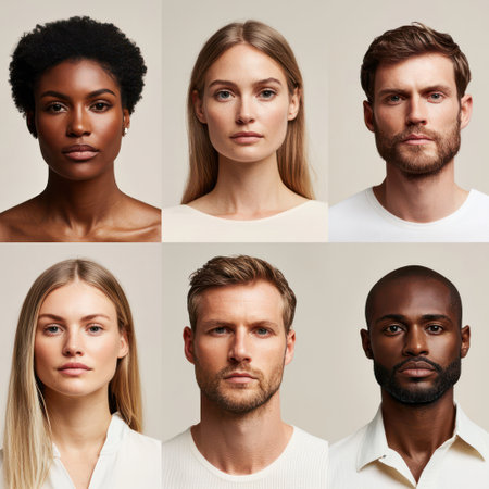 Studio headshots of diverse men and women with natural beauty.の素材