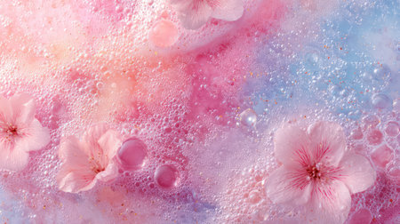 Pink flowers submerged and floating in transparent water creating swirling patterns with air bubbles and liquid motion.の素材