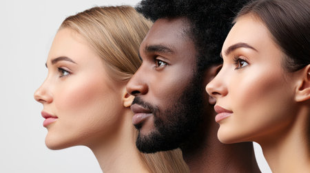 young adults with varying skin tones from dark to light stand in close profile view, gazing forward with smooth complexions against a white background.の素材