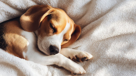 An adorable beagle puppy sleeps peacefully on white bed linens with a cozy knit blanket in soft natural lighting.の素材