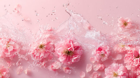Pink flowers submerged and floating in transparent water creating swirling patterns with air bubbles and liquid motion.の素材