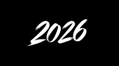 The number 2026 is rendered in dynamic white ink brush strokes with fluid, calligraphic flair against a solid black background, evoking a minimalist New Year celebration graphic for modern festive designs.の素材
