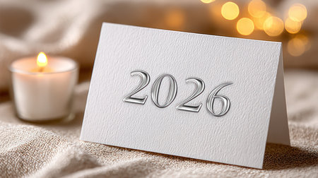 Clean white textured card with gray 2026 typography on wooden table with green plants and bokeh lights.の素材