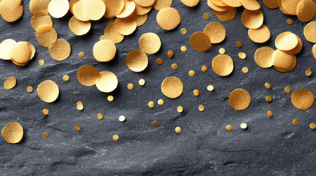 Round golden confetti pieces in various sizes scattered across a dark gray slate stone surface creating a festive pattern.の素材