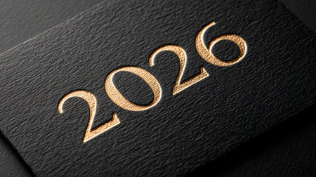 Luxurious gold embossed 2026 typography on dark black leather texture creates sophisticated minimalist design.の素材