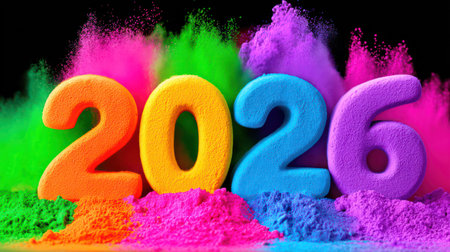 Three-dimensional textured 2026 numerals in orange, pink, cyan, and purple with rainbow powder explosion background.の素材