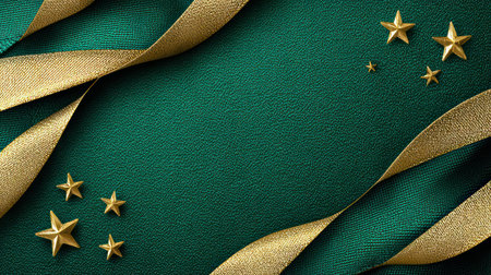 Rich teal fabric texture adorned with diagonal golden ribbon strips and metallic star ornaments creating sophisticated festive composition.の素材