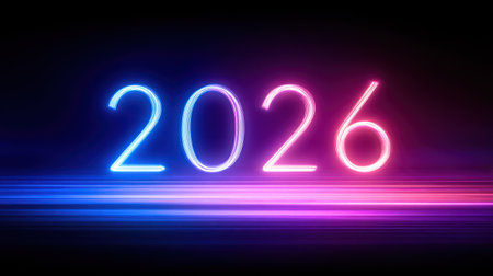 Modern neon light effect displaying 2026 with electric blue and pink gradient on dark background with motion lines.の素材