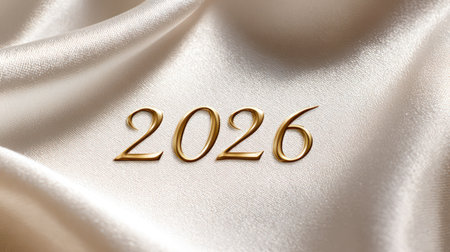 Sleek golden 2026 numerals on white textured fabric surface in minimalist elegant style.の素材