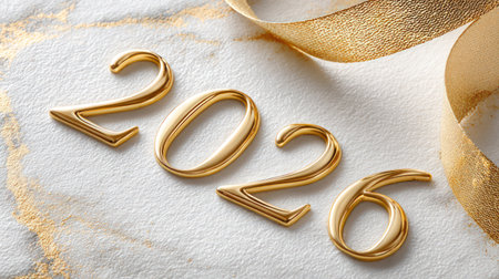 Polished golden 2026 numbers on white textured surface with decorative golden ribbon accents.の素材