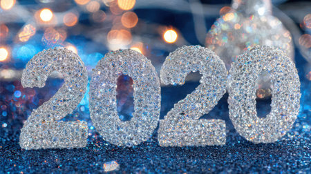 Sparkling diamond-encrusted 2023 numbers on luxurious blue silk fabric with dramatic lighting.の素材