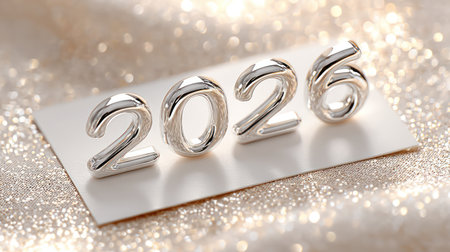 Polished silver metallic 2026 numbers on frosty white surface with warm golden bokeh lights.の素材